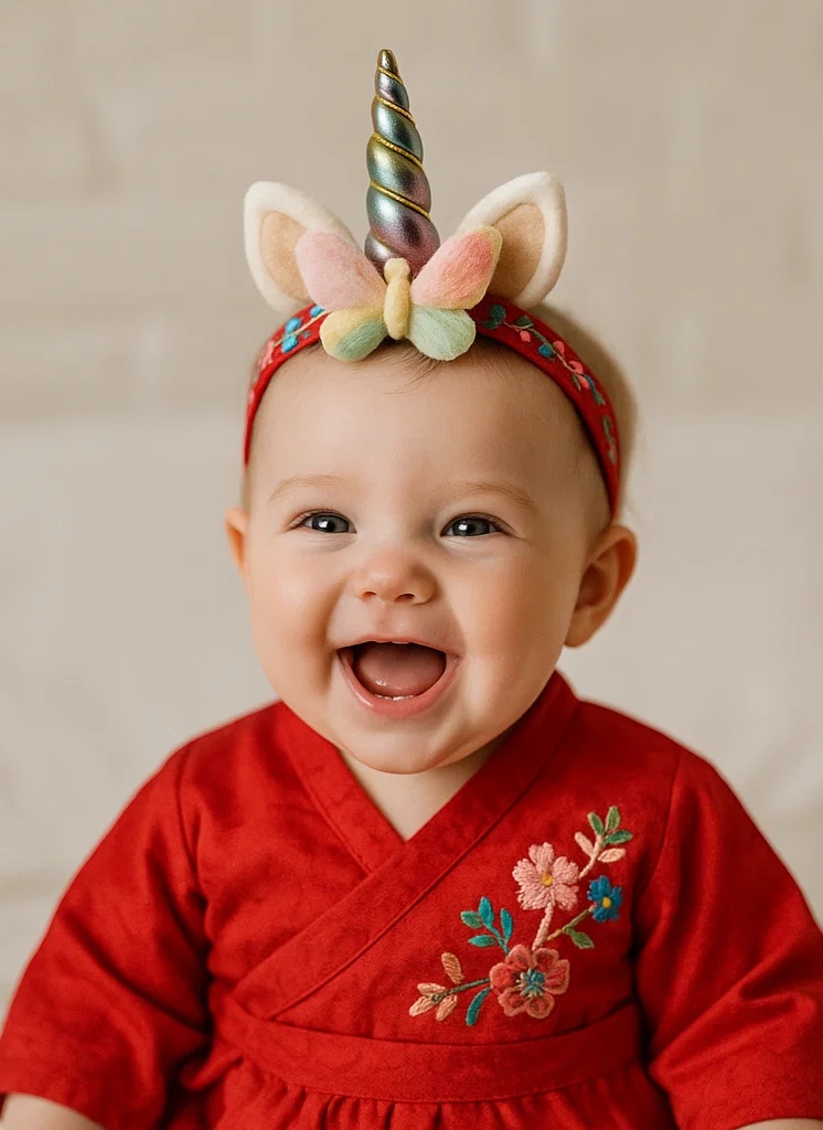 Baby Unicorn Headband with Colorful Butterfly and Embroidered Red Band
