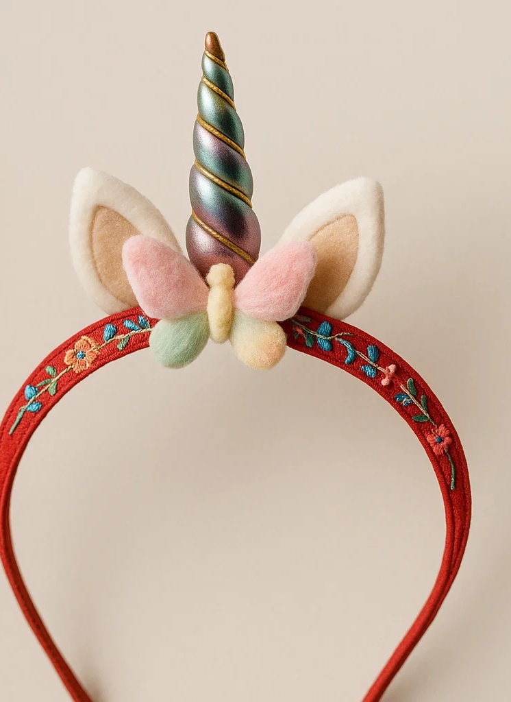 Baby Unicorn Headband with Colorful Butterfly and Embroidered Red Band
