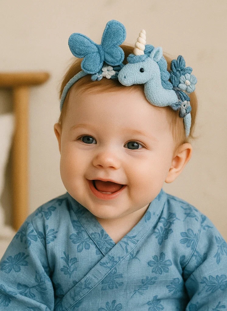 Blue Baby Unicorn Headband with 3D Plush Horse, Butterfly and Flowers