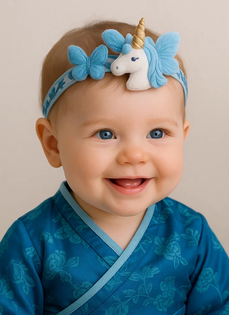 Light Blue Unicorn Baby Headband with Golden Horn and Embroidered Flowers