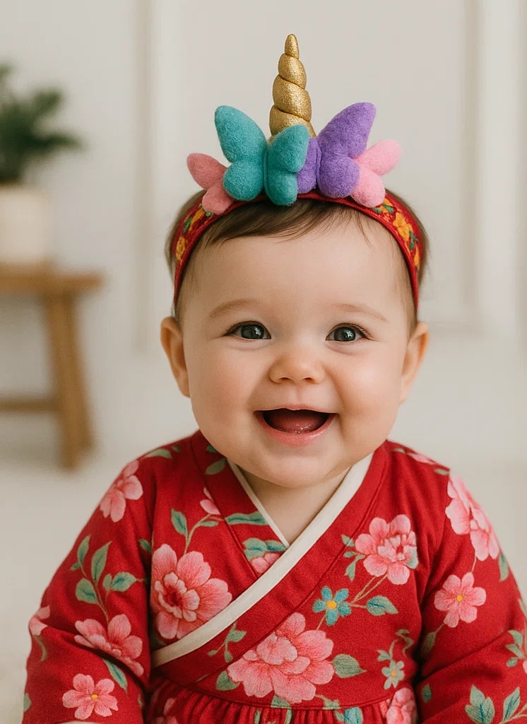 Handmade Red Unicorn Headband with Colorful Flowers & Butterfly – Fantasy Embroidered Hairband for Baby Girls