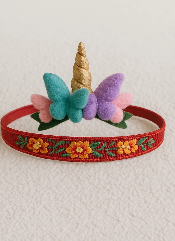 Handmade Red Unicorn Headband with Colorful Flowers & Butterfly – Fantasy Embroidered Hairband for Baby Girls