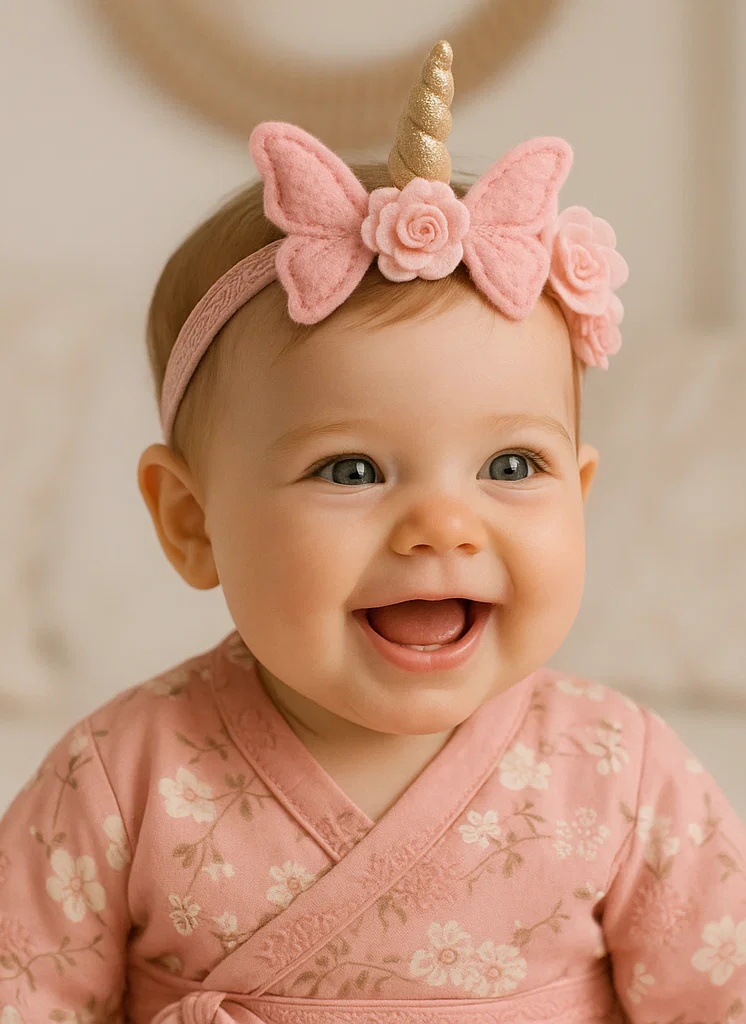 Bandeau licorne rose pour bébé avec ailes de papillon et fleurs roses