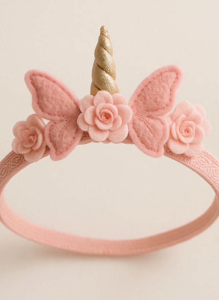 Bandeau licorne rose pour bébé avec ailes de papillon et fleurs roses