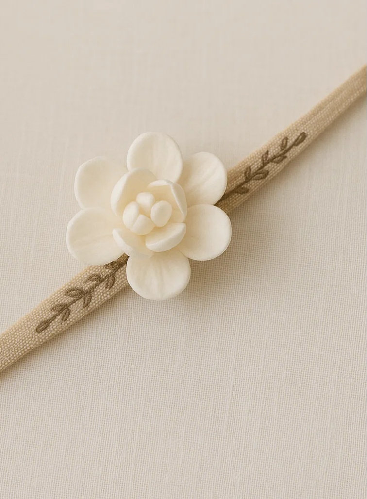 Embroidered White Floral Baby Headband – Soft Elastic Newborn Hair Accessory