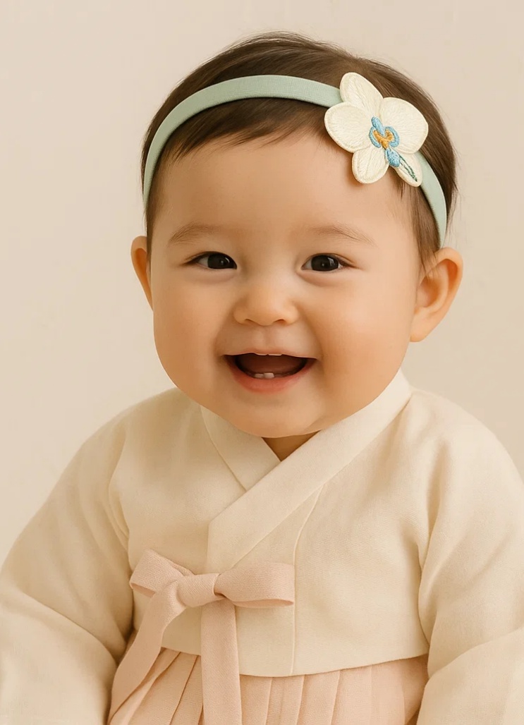 Embroidered Green Baby Headband with White Floral Appliqué – Soft Newborn Hair Accessory