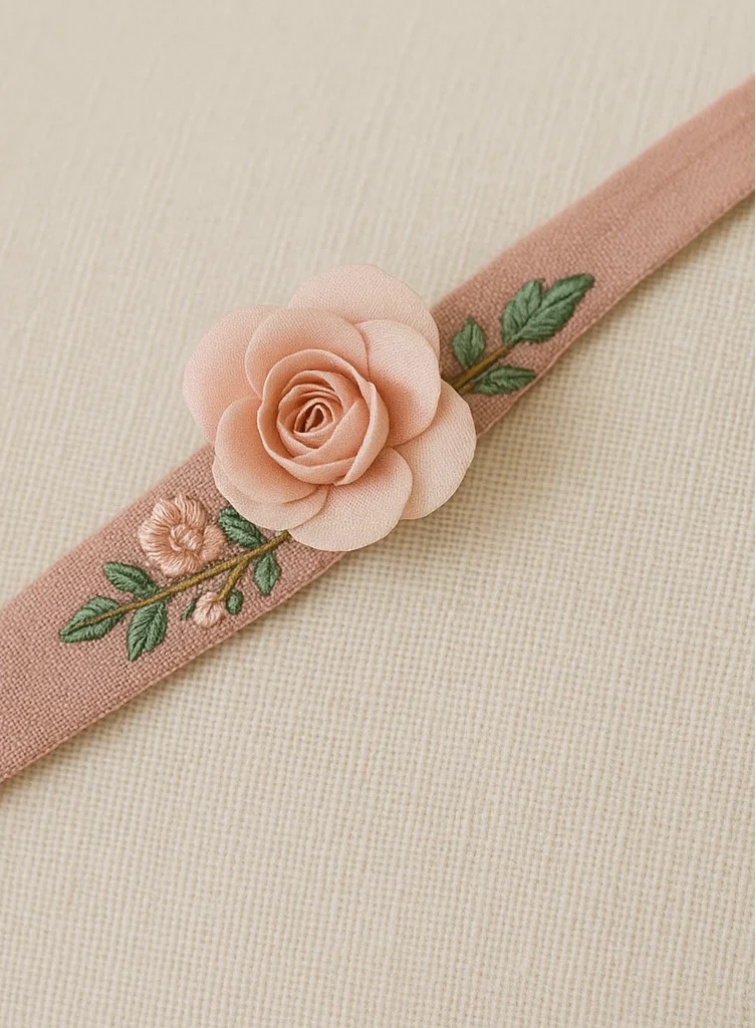 Pink Baby Headband with Embroidered Rose – Soft Floral Hairband for Newborn Girls