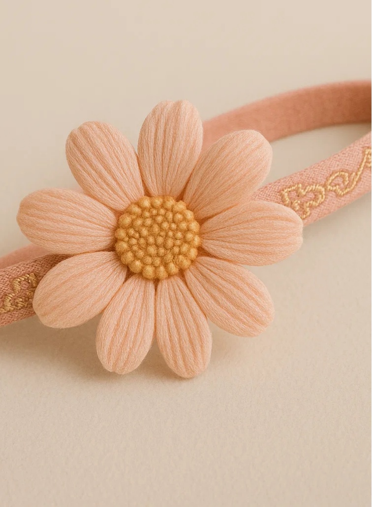 Pink Daisy Baby Headband with Embroidered Details – Soft Floral Hairband for Newborn Girls