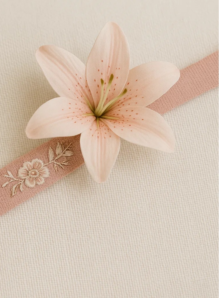 Pink Lily Baby Headband with Embroidered Floral Band – Soft Flower Hairband for Newborn Girls