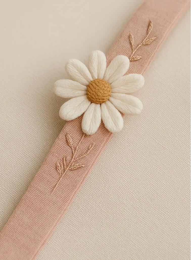 Embroidered Daisy Baby Headband – Soft Beige Floral Hair Accessory for Newborns