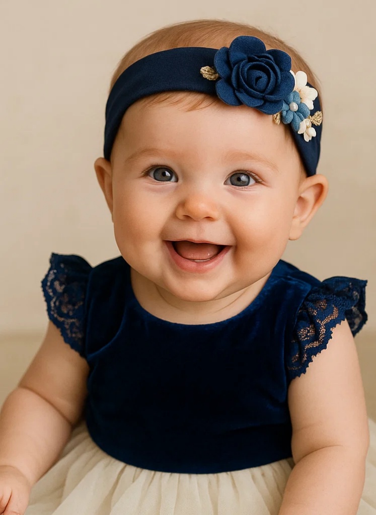 Bandeau bébé bleu brodé de fleurs – Accessoire floral en peluche douce pour filles