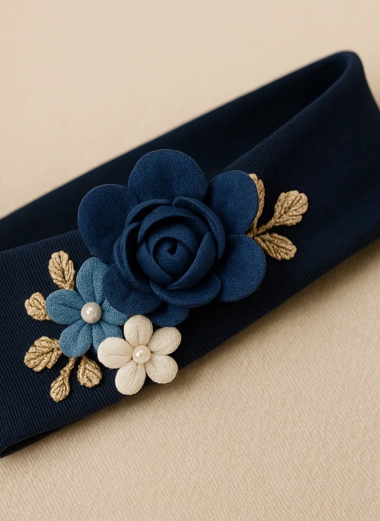 Bandeau bébé bleu brodé de fleurs – Accessoire floral en peluche douce pour filles