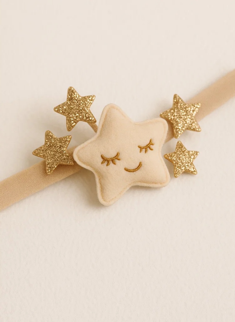 Glittering Gold Star Baby Headband – Soft Felt & Sparkle Stars Newborn Girl Hairband