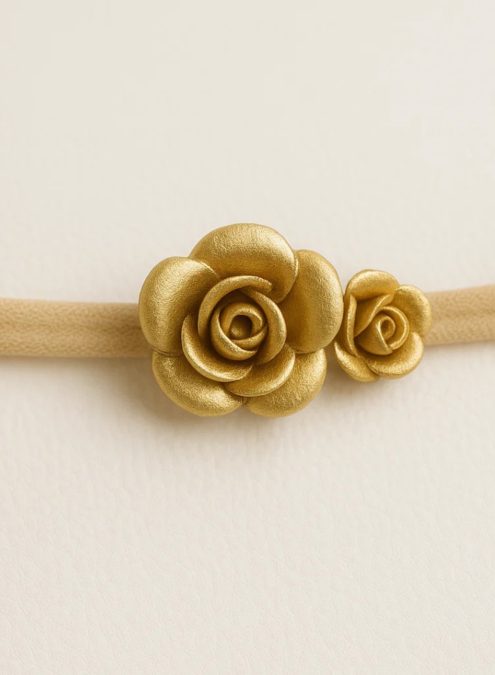 Twin Gold Roses Baby Headband – Double Flower Felt Hairband for Newborns & Infants