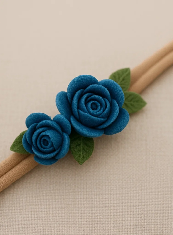 Blue Rose Trio Baby Headband – Handmade Felt Flower Hairband for Newborn Girls
