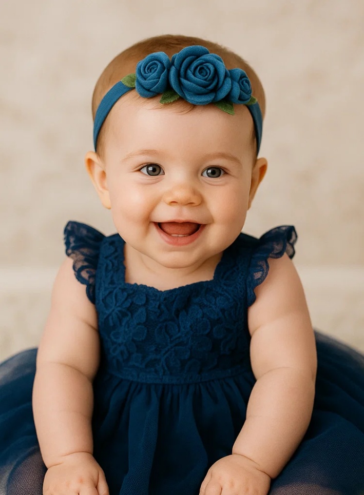 Blue Rose Trio Baby Headband – Handmade Felt Flower Hairband for Newborn Girls