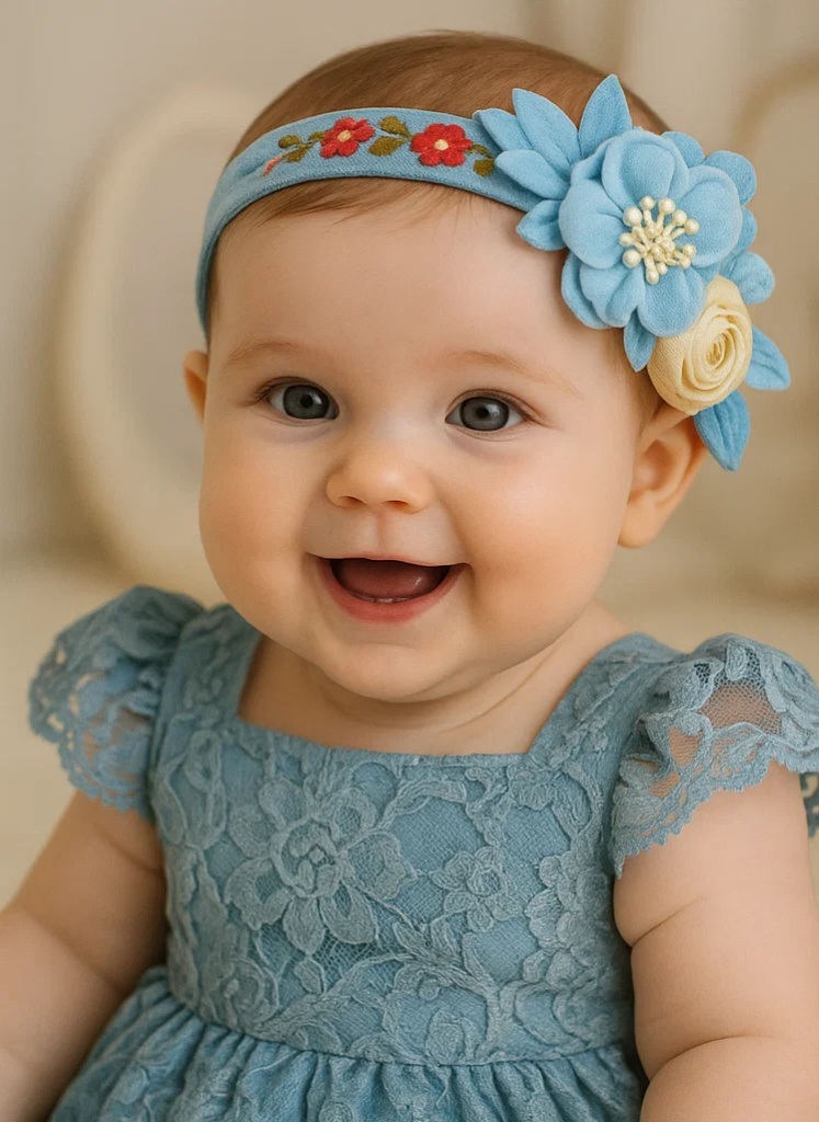 Blue Floral Embroidered Baby Headband – Soft Plush Flower Accessory for Girls