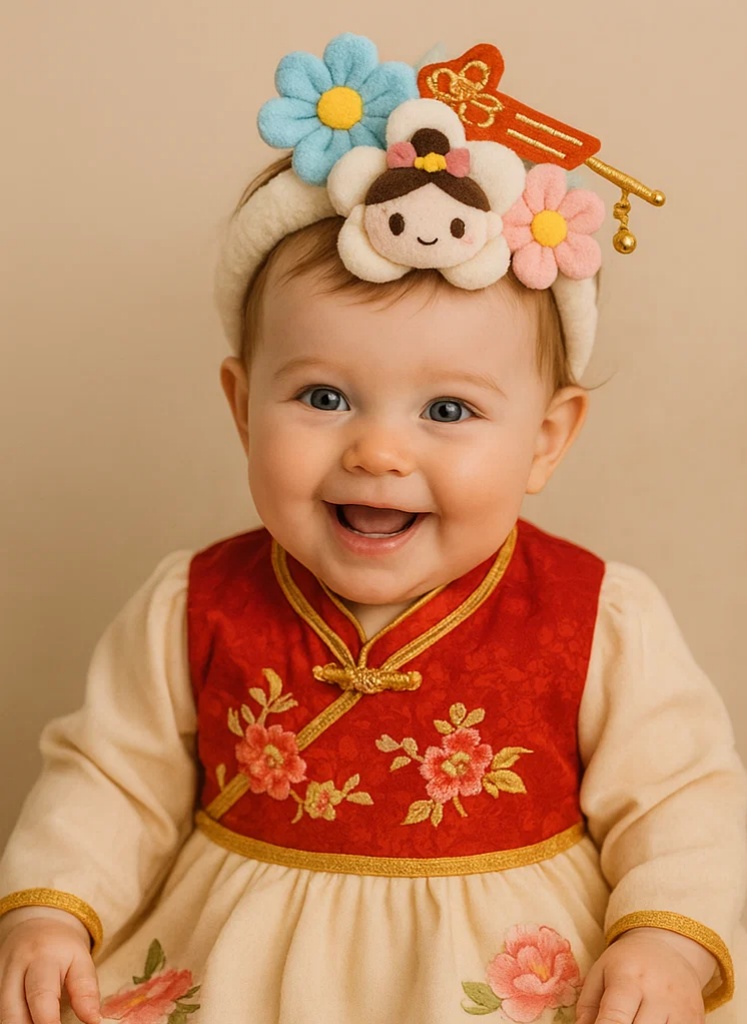 Plush Hanfu Princess Baby Headband – Floral Embroidery & Cute Girl Design for Special Occasions