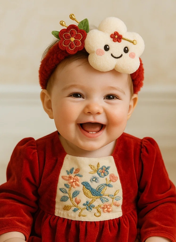 Handmade Plush Cloud Baby Headband with Detachable Floral Accents – Soft Red Elastic Chinese Style Hair Accessory