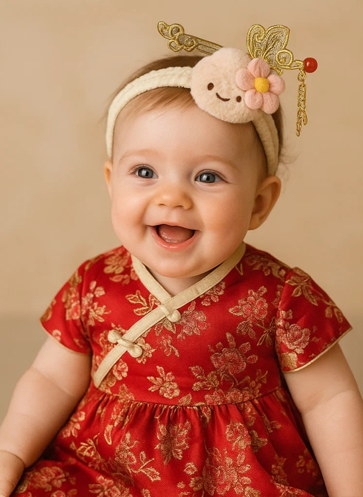 Handmade Baby Headband with Embroidered Gold Hairpin and Plush Flower Accent – Chinese Style Soft Elastic Band