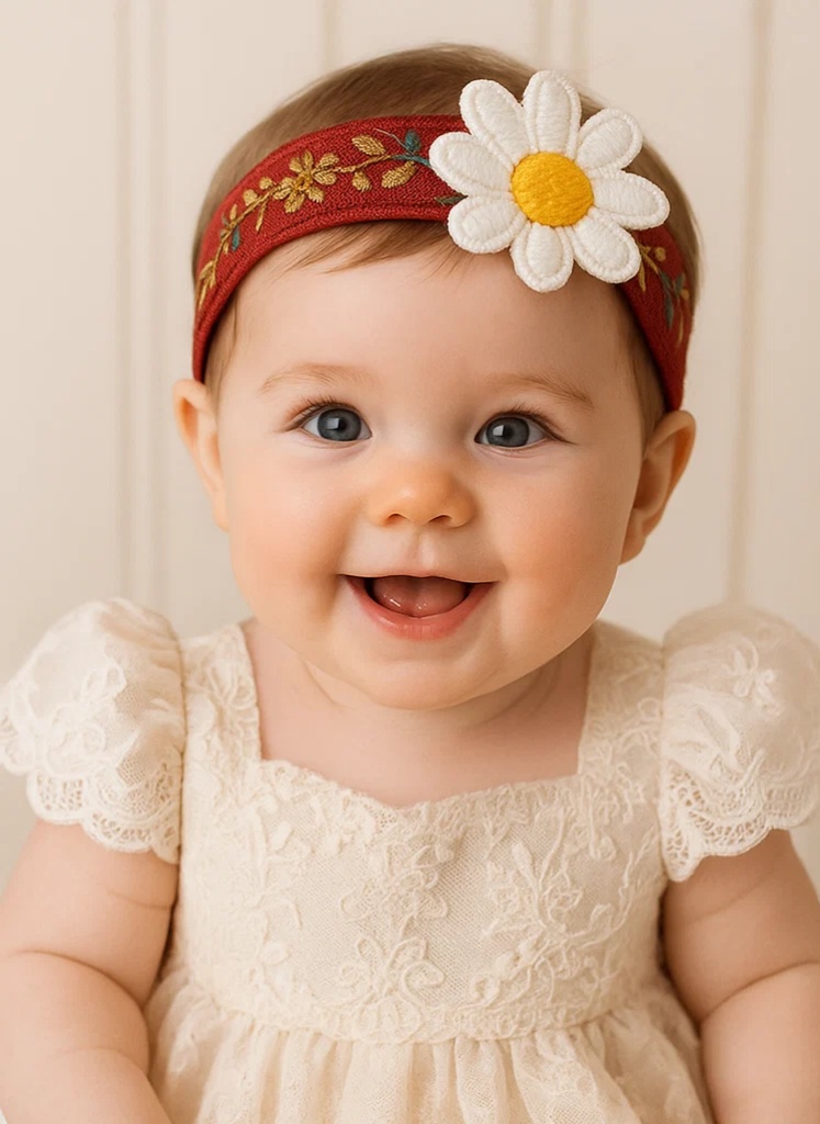 Handmade Daisy Baby Headband – Red Embroidered Floral Band with Plush Flower