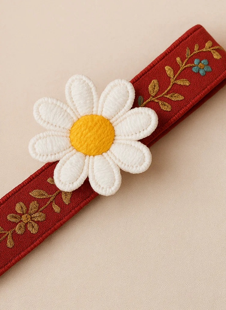 Handmade Daisy Baby Headband – Red Embroidered Floral Band with Plush Flower