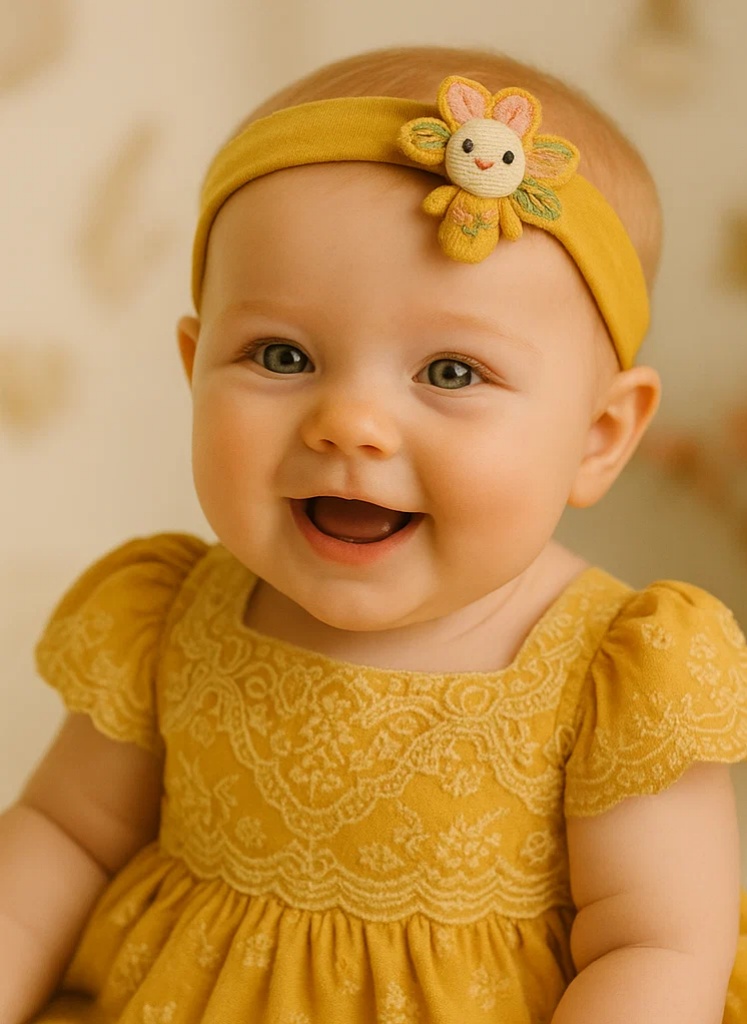 Bandeau bébé jaune brodé à la main avec fleurs, style chinois