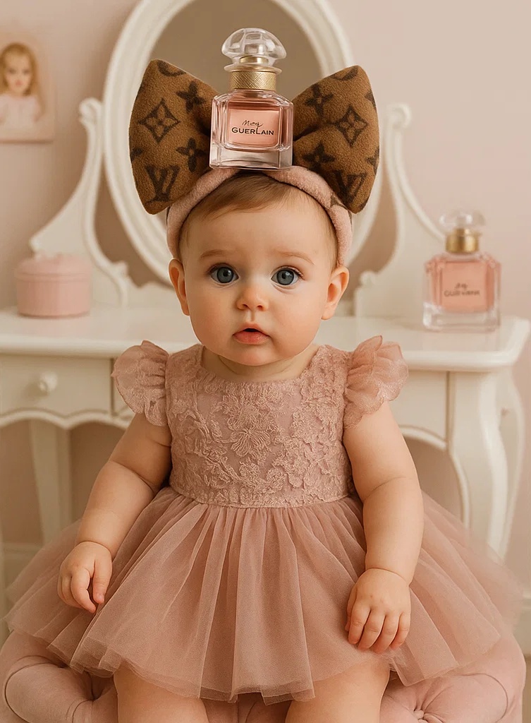 Cute Baby Headband with Louis Vuitton-Inspired Perfume Bottle & Bow Design (Beige)