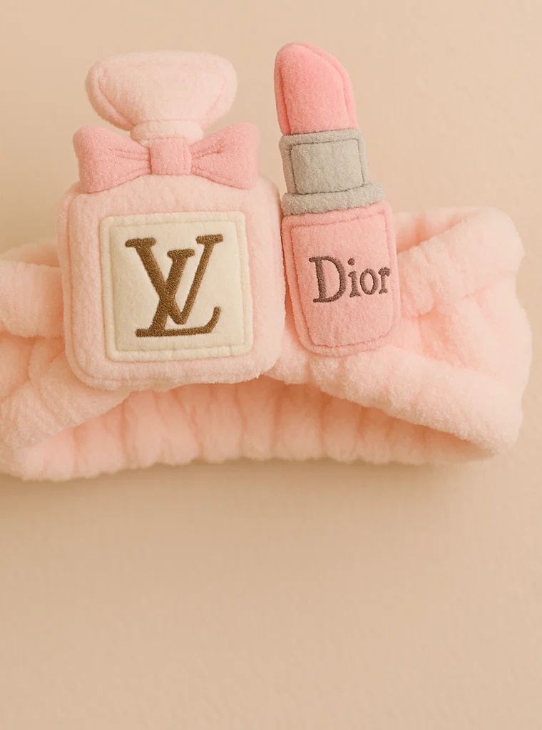 Bentiță pentru fetițe cu sticlă de parfum LV și ruj Dior din pluș