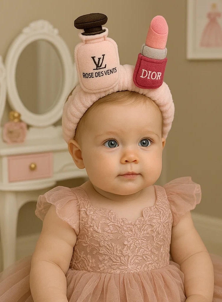 Bandeau pour bébé fille avec parfum Louis Vuitton et design de rouge à lèvres en peluche