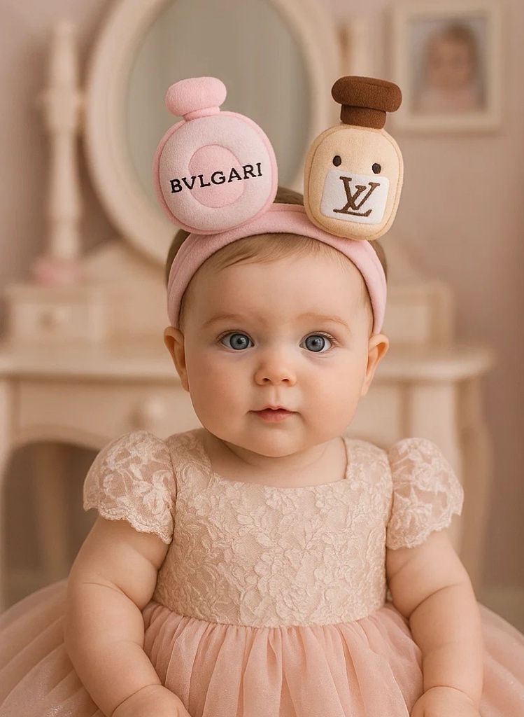Bandă pentru bebeluși din pluș cu design de sticlă de parfum BVLGARI și Louis Vuitton pentru copii mici