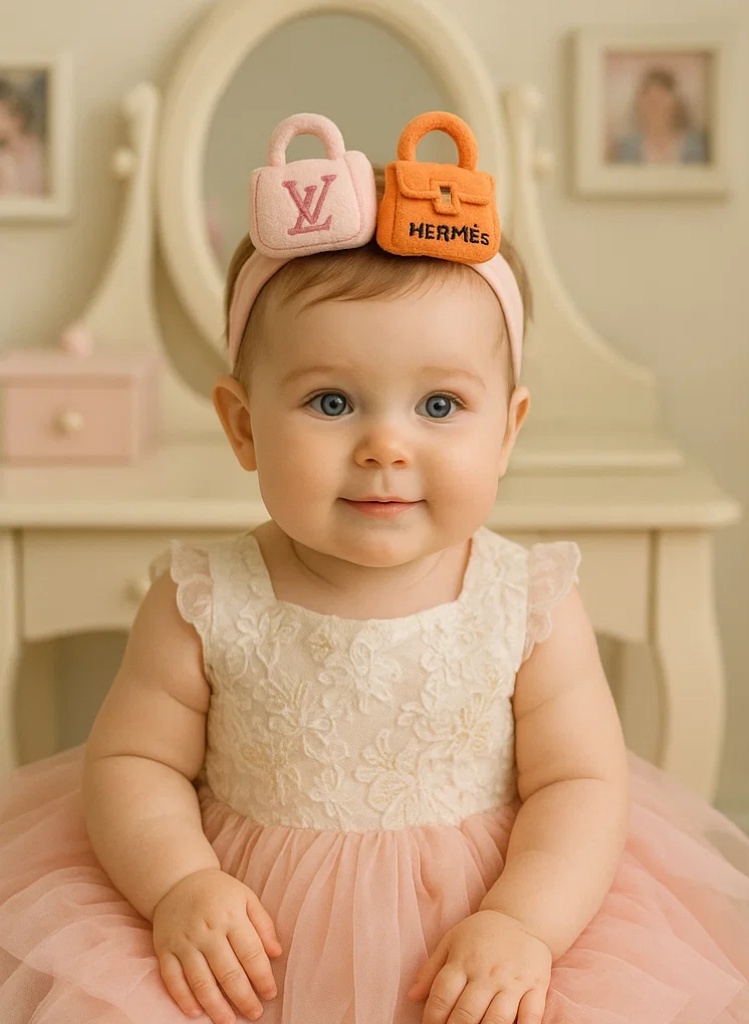 Bandeau en peluche pour bébé avec design de flacon de parfum Bvlgari et Rose Des Vents (rose)