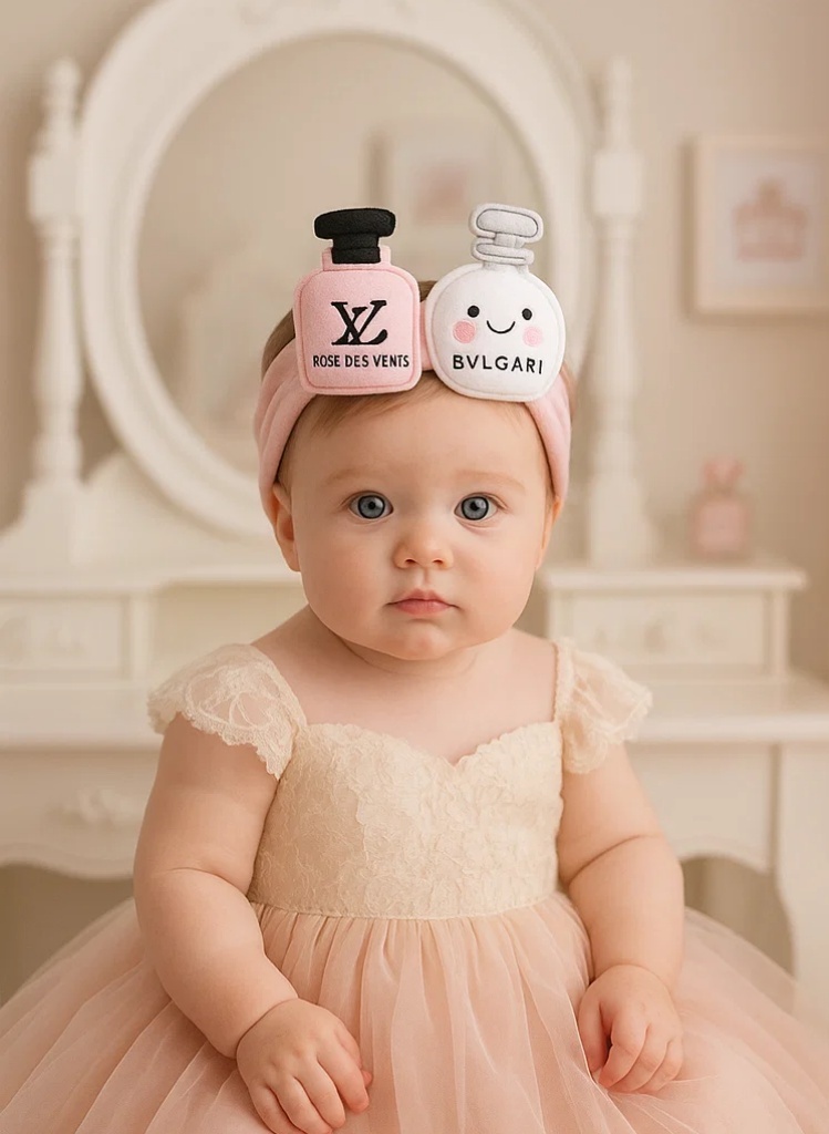 Diadema de peluche para bebé con diseño de botella de perfume Bvlgari y Rose Des Vents (rosa)