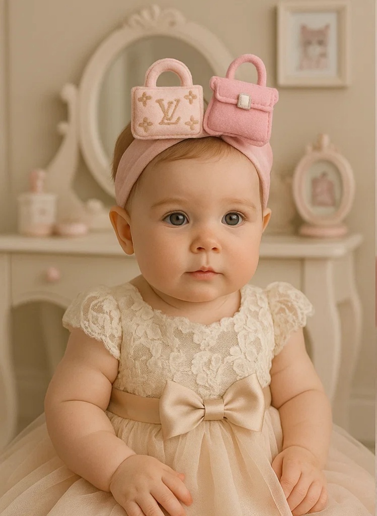 Faixa de cabeça bebê em pelúcia com logo LV e bolsa rosa - Ultra macia e sorridente
