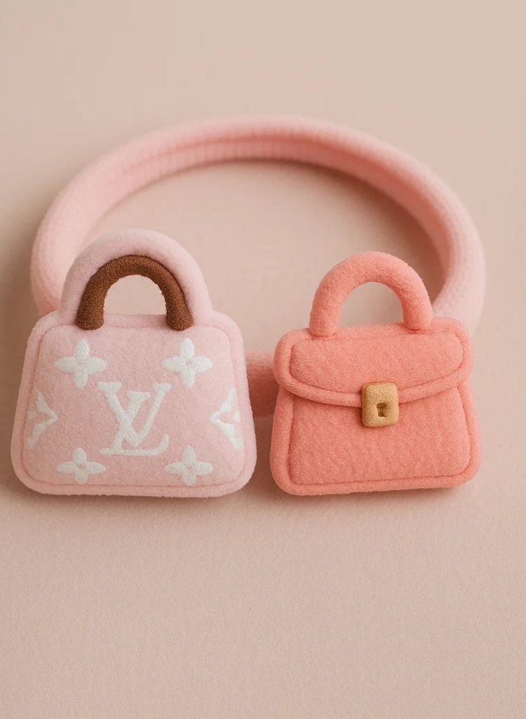 LV & Pink Plush Baby Headband Set – Adorable Cartoon Handbag Style