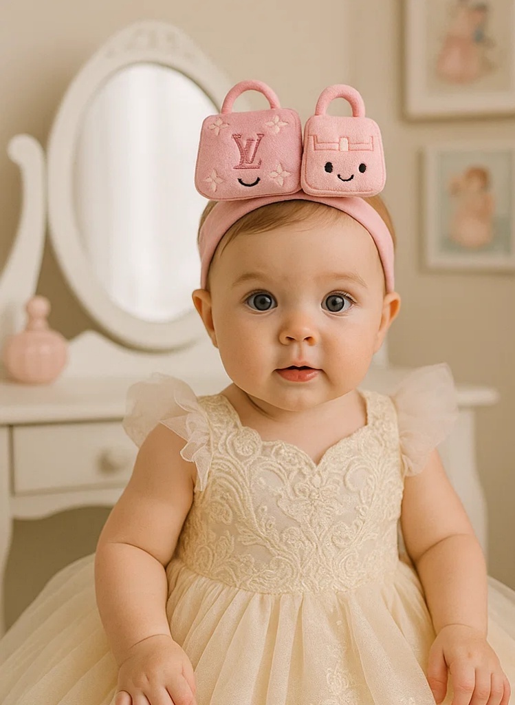 Big & Small Pink Cartoon Bag Plush Headband for Babies – Smiling Soft Plush