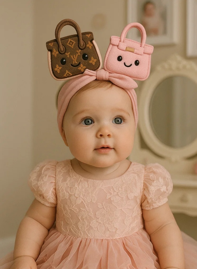 LV Logo & Pink Cartoon Bag Plush Baby Headband – Ultra Soft & Smiling