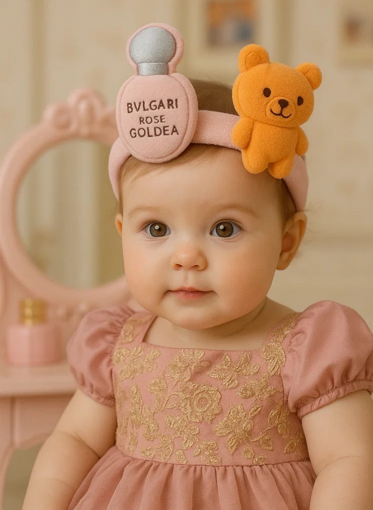 Bandă pentru bebeluși din pluș cu design de sticlă de parfum Bvlgari și ursuleț pentru copii mici