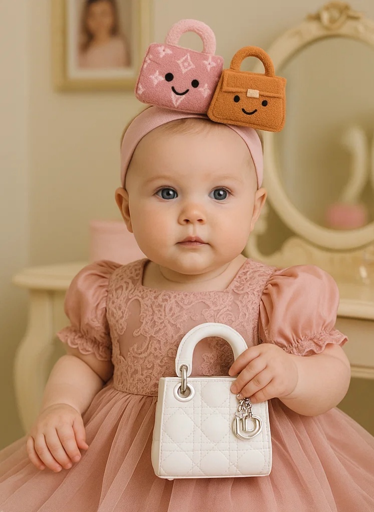 Faixa de cabeça bebê em pelúcia com logo LV e bolsa rosa - Ultra macia e sorridente