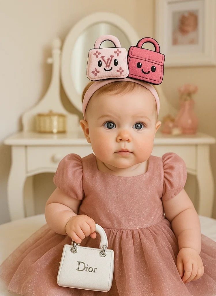 Bandeau bébé en peluche avec logo LV et sac rose - Ultra doux et souriant