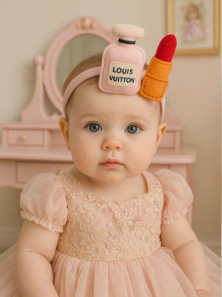 Faixa de cabelo para bebê menina com perfume Louis Vuitton e design de batom de pelúcia