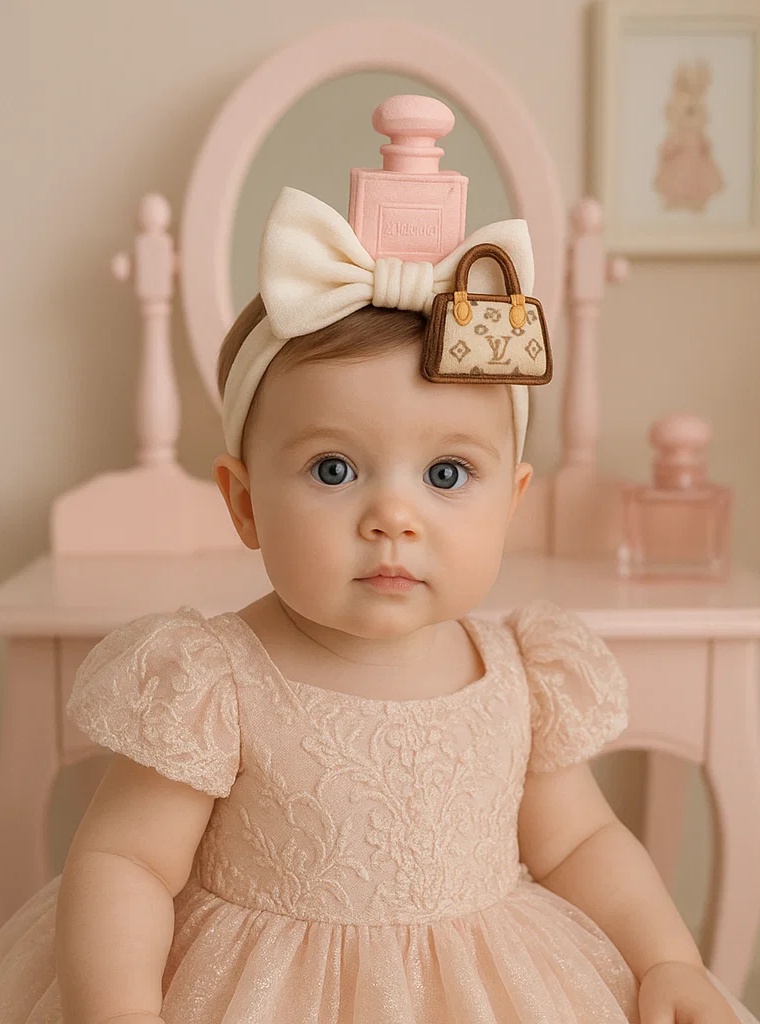 Baby Girl Soft Headband with Bow, Perfume Bottle and Handbag Plush Design