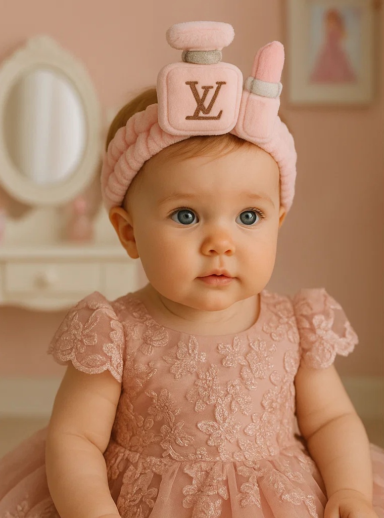 Diadema para niña con perfume Louis Vuitton y diseño de pintalabios de peluche