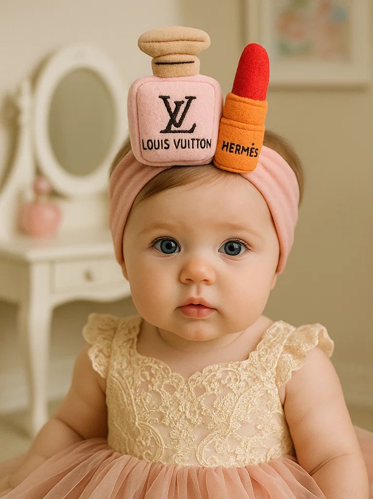 Baby Girl Headband with Plush Louis Vuitton Perfume and Hermès Lipstick Design