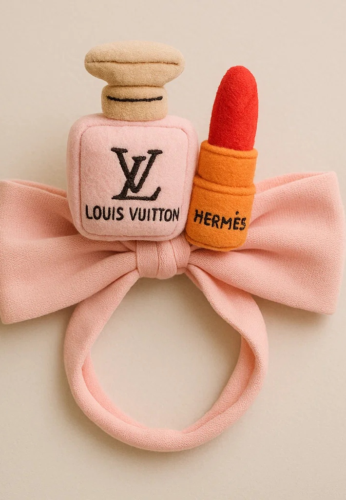 Baby Girl Headband with Plush Louis Vuitton Perfume and Hermès Lipstick Design