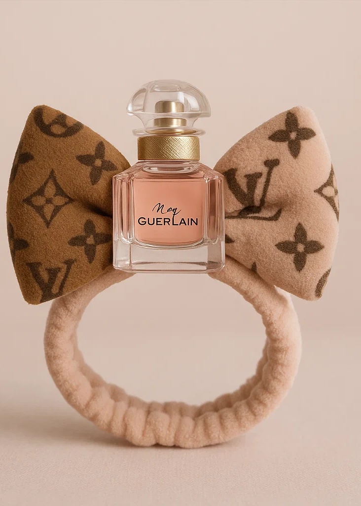 Cute Baby Headband with Louis Vuitton-Inspired Perfume Bottle & Bow Design (Beige)