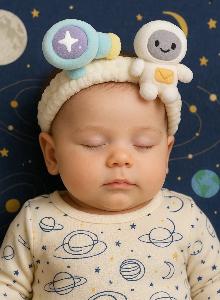 Faixa de cabeça para bebê astronauta e telescópio