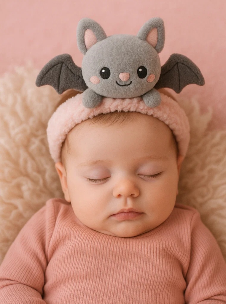 Faixa de Cabelo de Pelúcia Morcego Cinza para Bebês – Estilo Fofo de Halloween