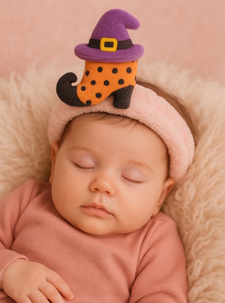 Plyšová dětská čelenka s dýní čarodějnicí – Kouzelný halloweenský styl