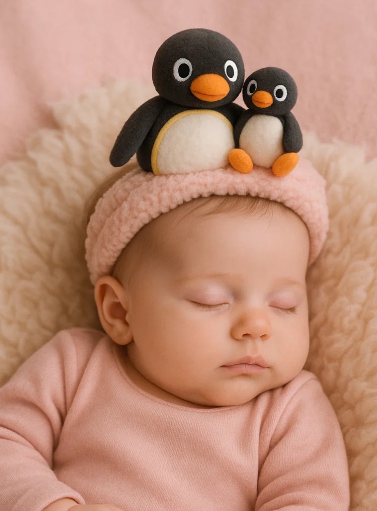 Plüsch-Baby-Stirnband – Pinguin mit Fisch